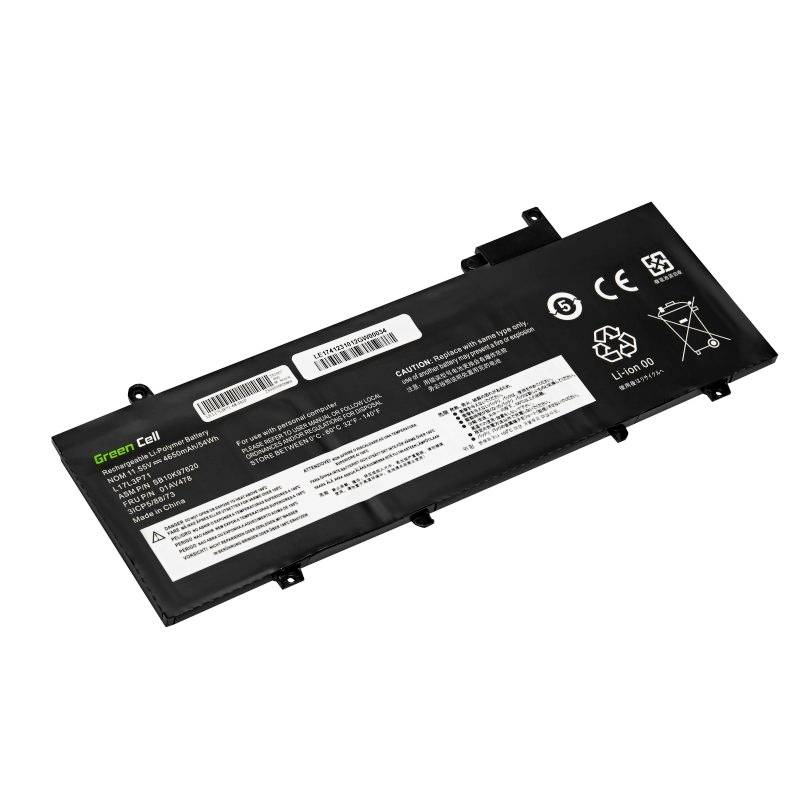 A rectangular laptop battery from Green Cell, black with white labels and symbols.