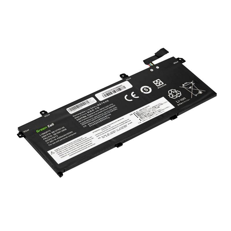 Black laptop battery with imprints such as the CE mark, recycling symbol, and technical information. Equipped with cable connection.