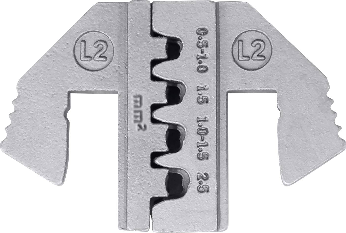Metal cable connection clamp with three different notches for cable sizes. Markings: 'L2', '6-9', '10-15', '25 mm²'.