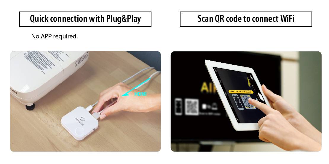 Links: Set up via Plug & Play without an app. Right: Scan QR code on tablet to connect to Wi-Fi.