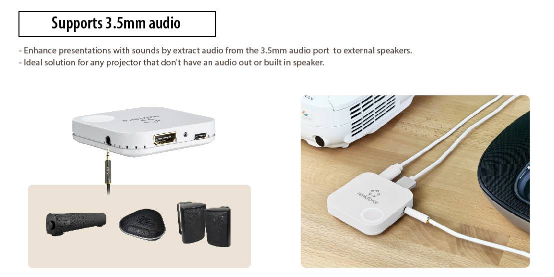 Portable projector connects to external speakers via 3.5mm audio jack. The image shows the projector and connection cable. Ideal for presentations.
