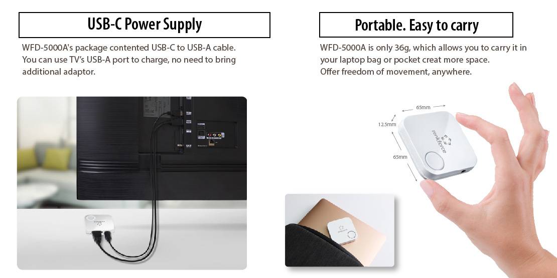 'USB-C power supply' indicates cable connection to monitor. 'Portable. Easy to carry' shows small device in hand. Perfect for laptops.