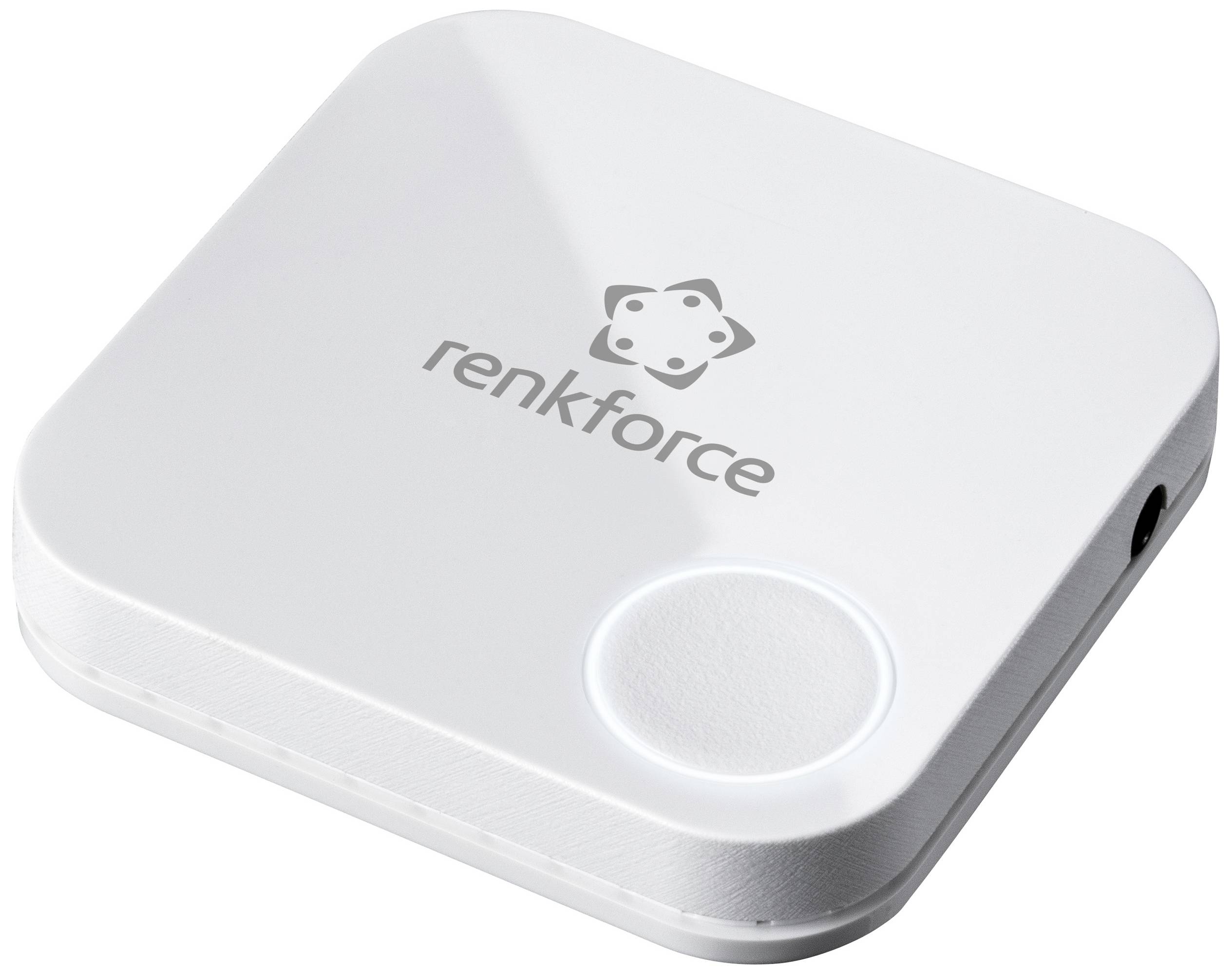 A square, white device with rounded corners displays the 'Renkforce' logo and a large illuminated button on its top surface.