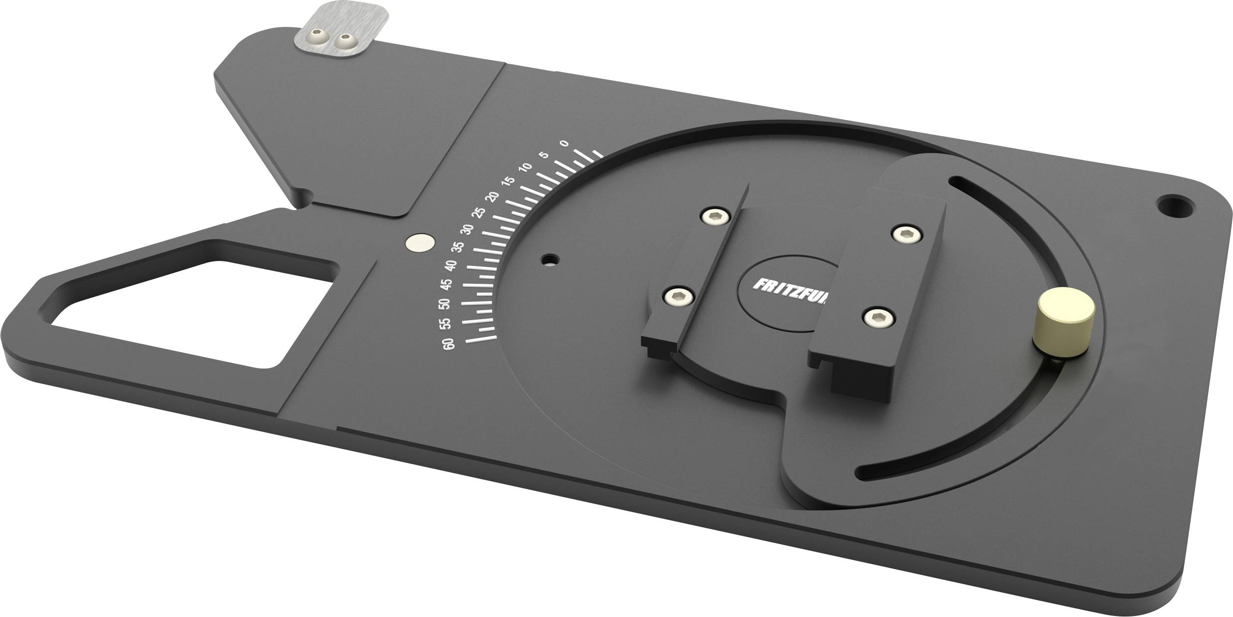 A black, flat device with a scale and a rotating arm, presumably used for measuring angles or positions.