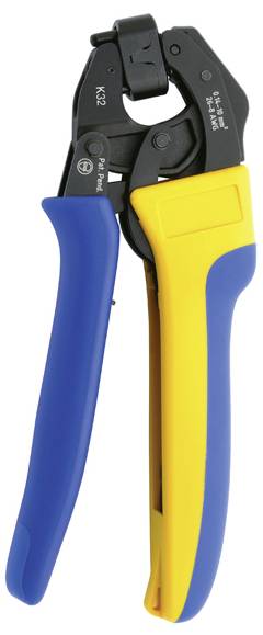 Wire stripping tool with blue and yellow handle and black head, used for stripping cable insulation.