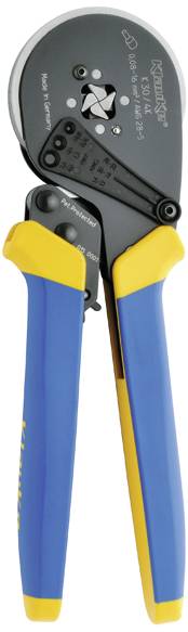 A pair of pliers with yellow and blue handles, used for mechanical work and installing connections or wires.