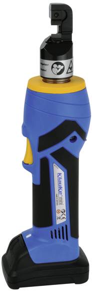 Electric tool for crimping cable connections. Compact design, blue with yellow accents, suitable for professional applications.