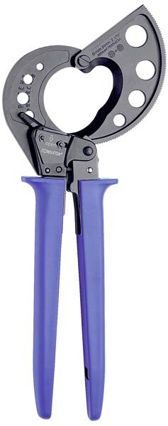 A blue cable cutter with a curved, serrated cutting blade and ergonomic handles, suitable for cutting through thick cables.