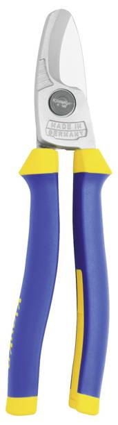 A blue and yellow, handheld wire cutters with sharp steel blades, suitable for cutting electrical cables.