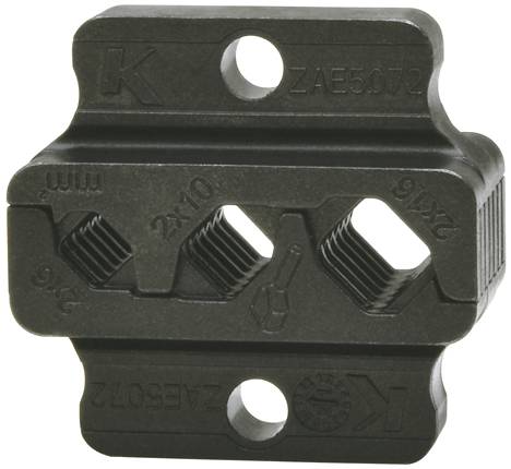 Black crimping pliers with three differently sized openings for various cable diameters.