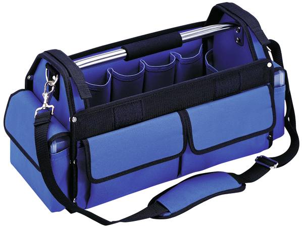 A blue tool bag with multiple exterior pockets and a shoulder strap, suitable for storing and transporting tools.