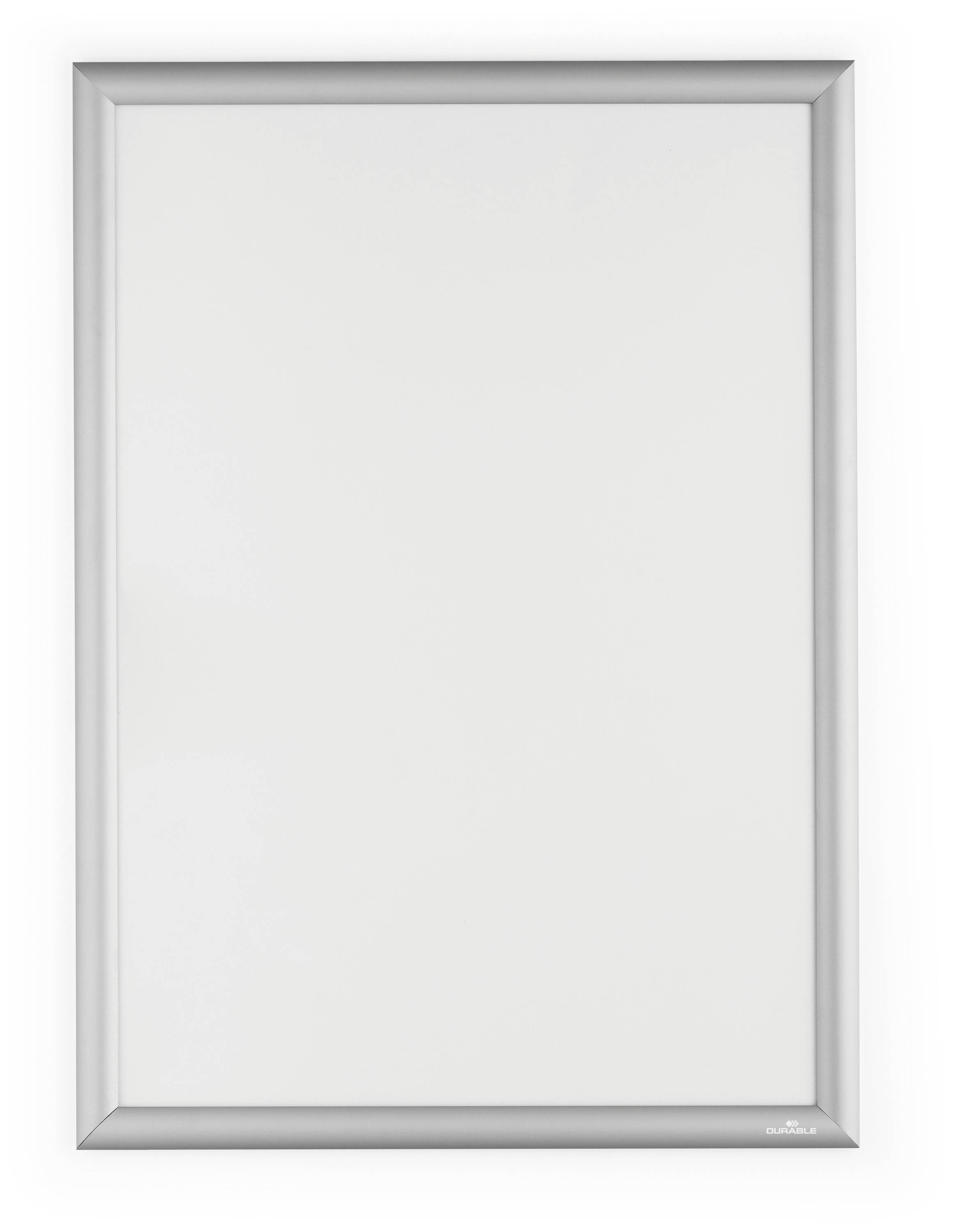 A silver picture frame without an image, showing an empty, white surface.