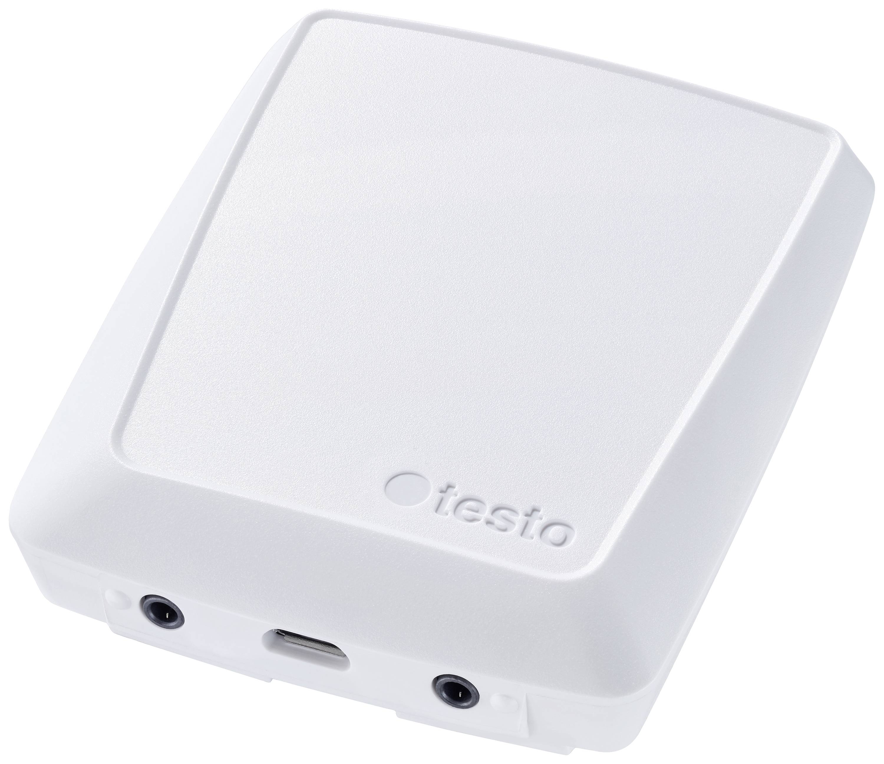 White electronic device with 'testo' printed on it. It has multiple ports on the underside.