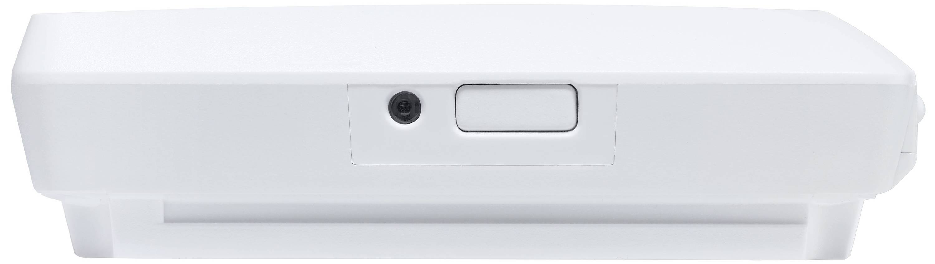 A white rectangular electronic device with a socket and a button on the front.
