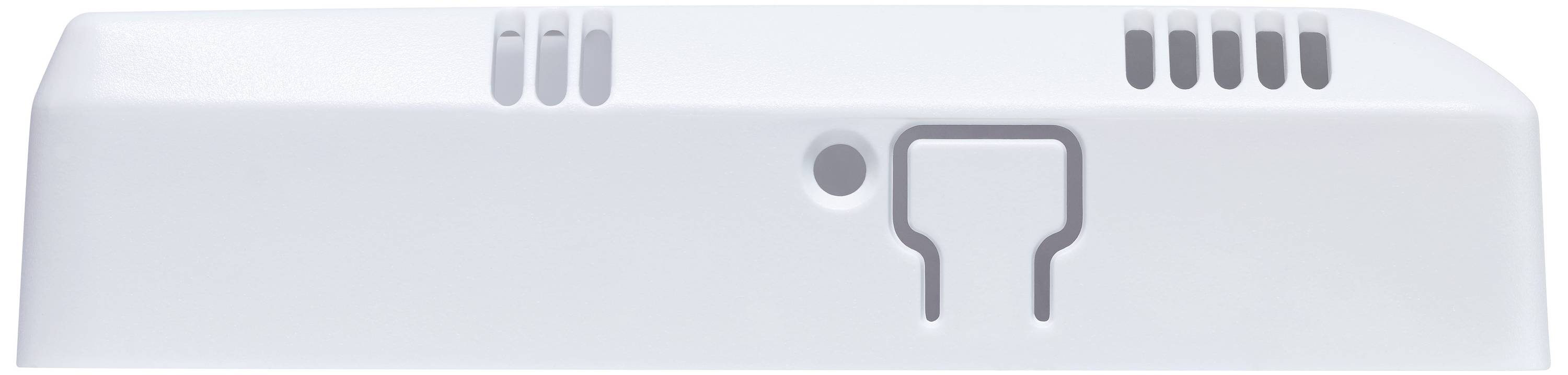 A white smoke detector with ventilation slots on the top and a central sensor element.