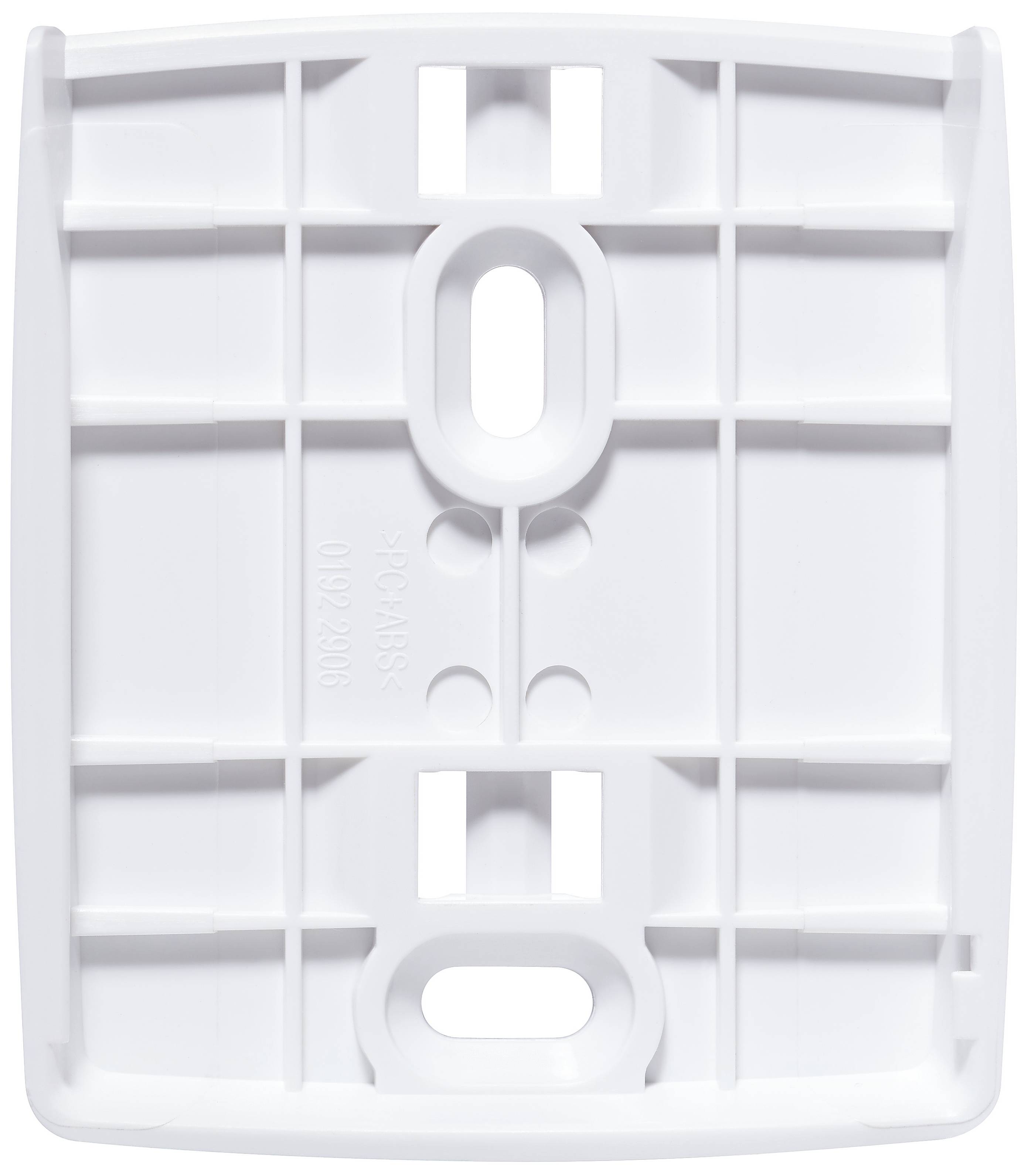 White, rectangular plastic mounting bracket with a grid structure and various oval and round cutouts.