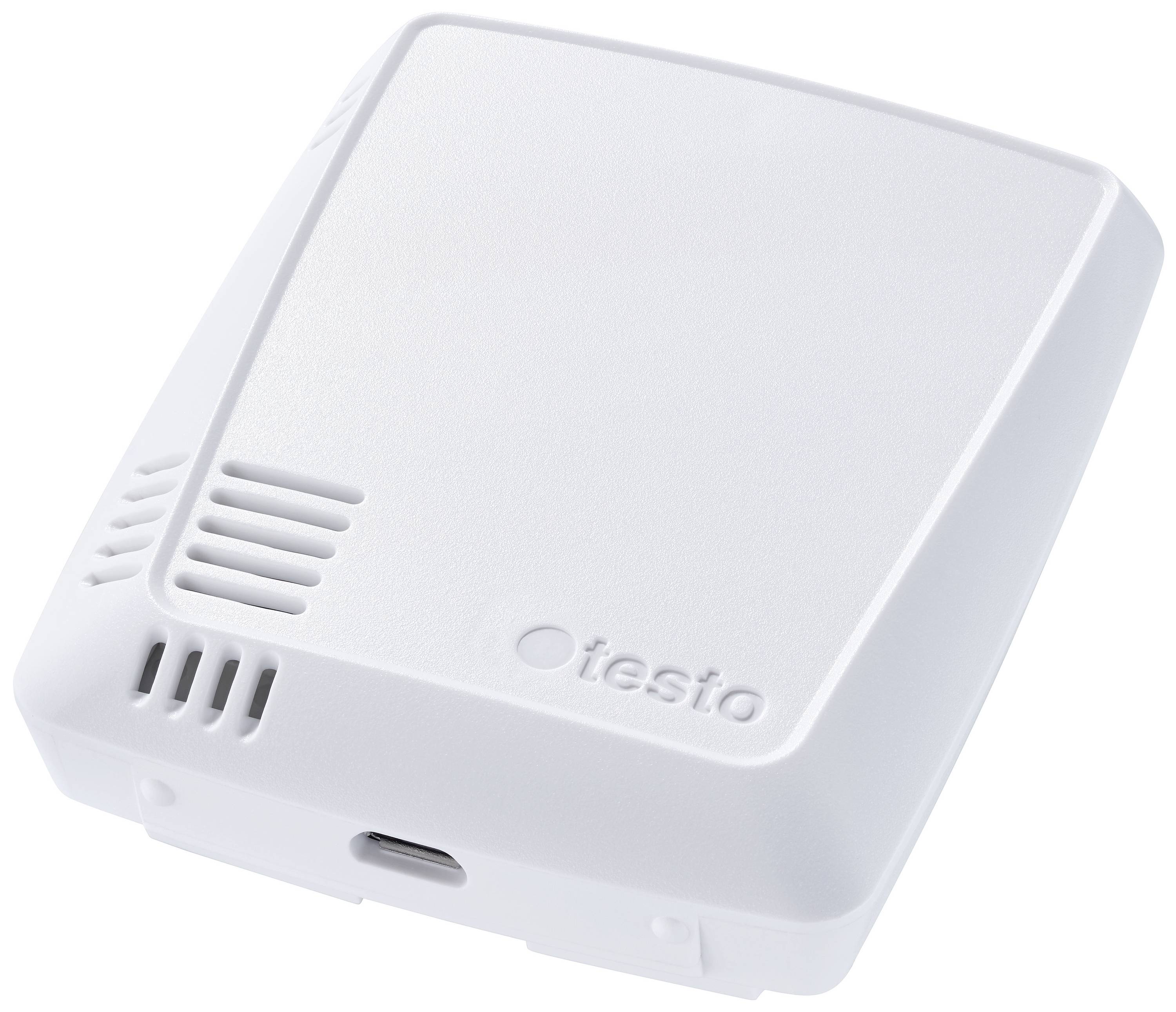 A white, rectangular measuring device with rounded corners, ventilation slots and a USB port. On the front is written 'testo'.