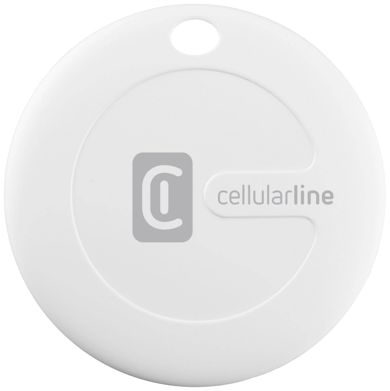 Round keyring with the 'cellularline' logo. White surface, hole for attachment.