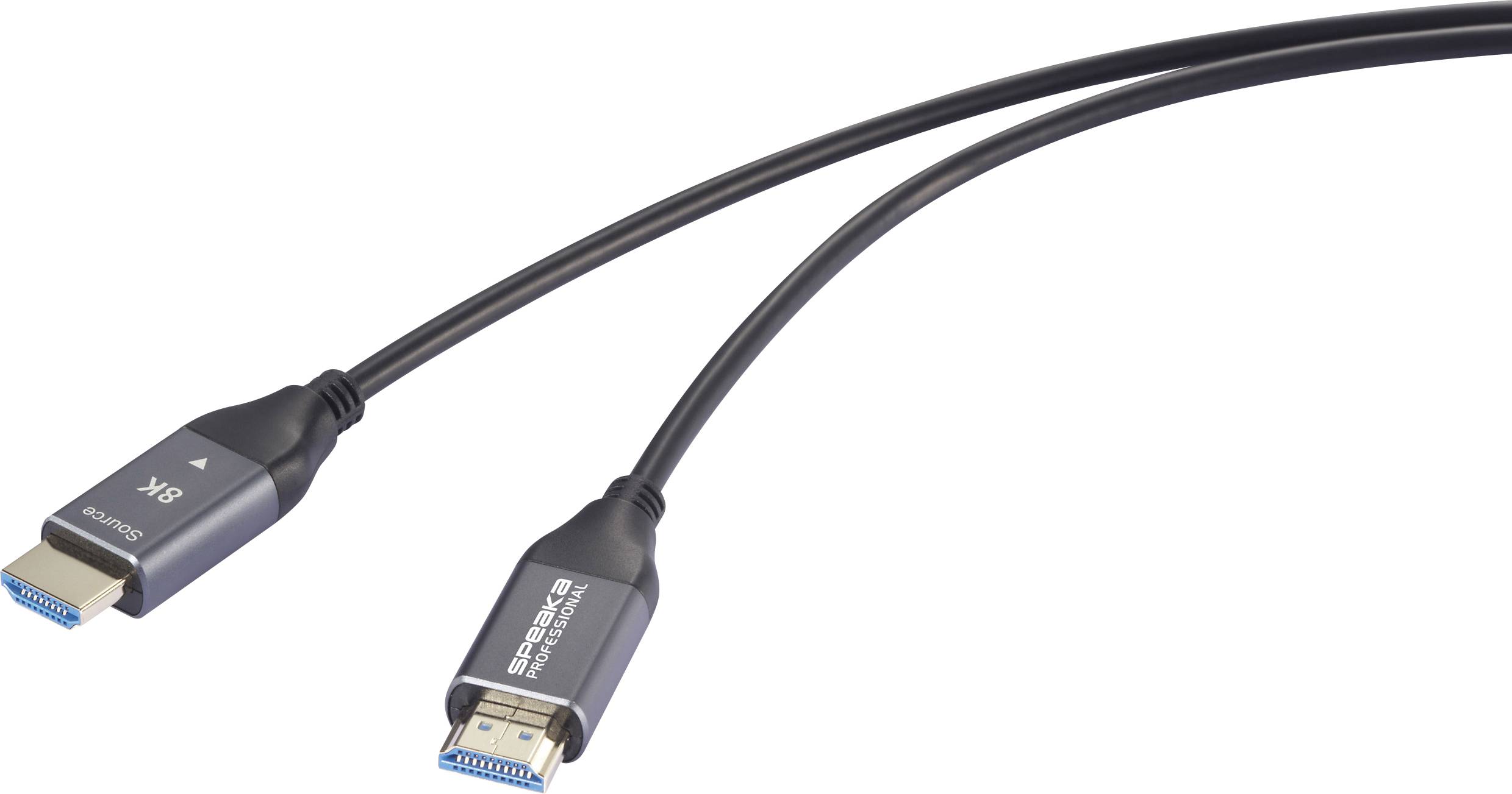 A black HDMI cable with two connectors, featuring a male HDMI plug and a female socket. Suitable for video transmission.