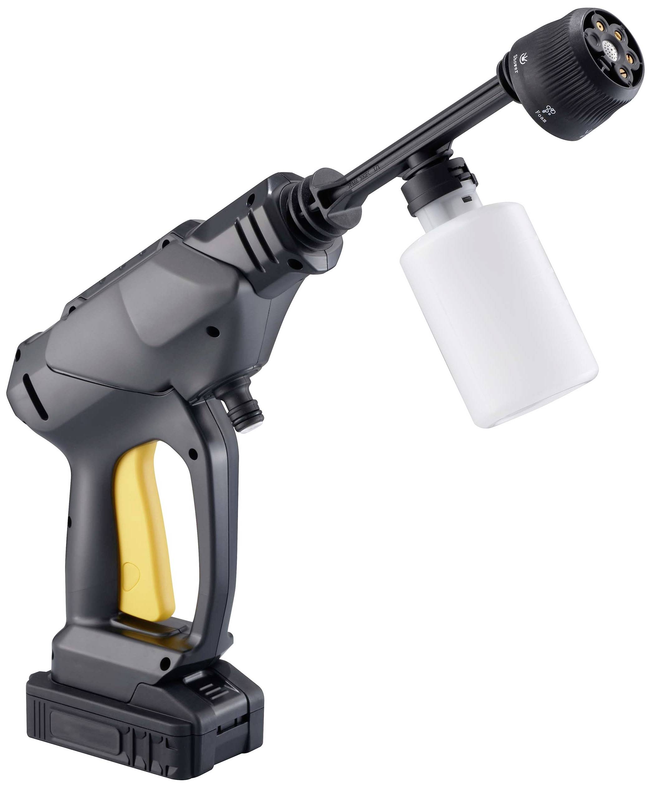A portable pressure washer in black with a yellow handle and a white container attached to a nozzle.