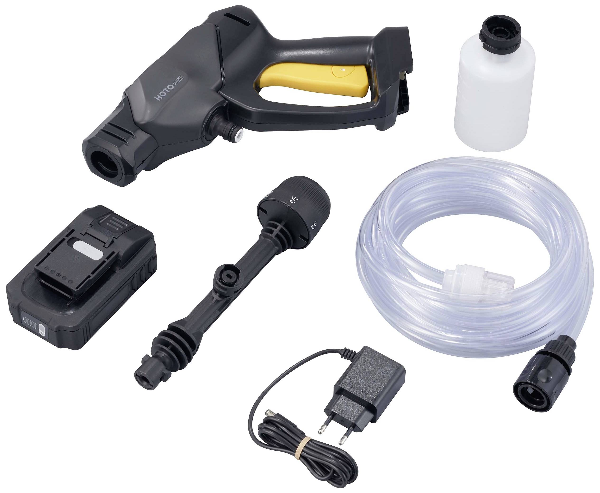 Portable battery-powered pressure washer with charger, spray lance, hose and cleaning solution bottle. Ideal for flexible cleaning.