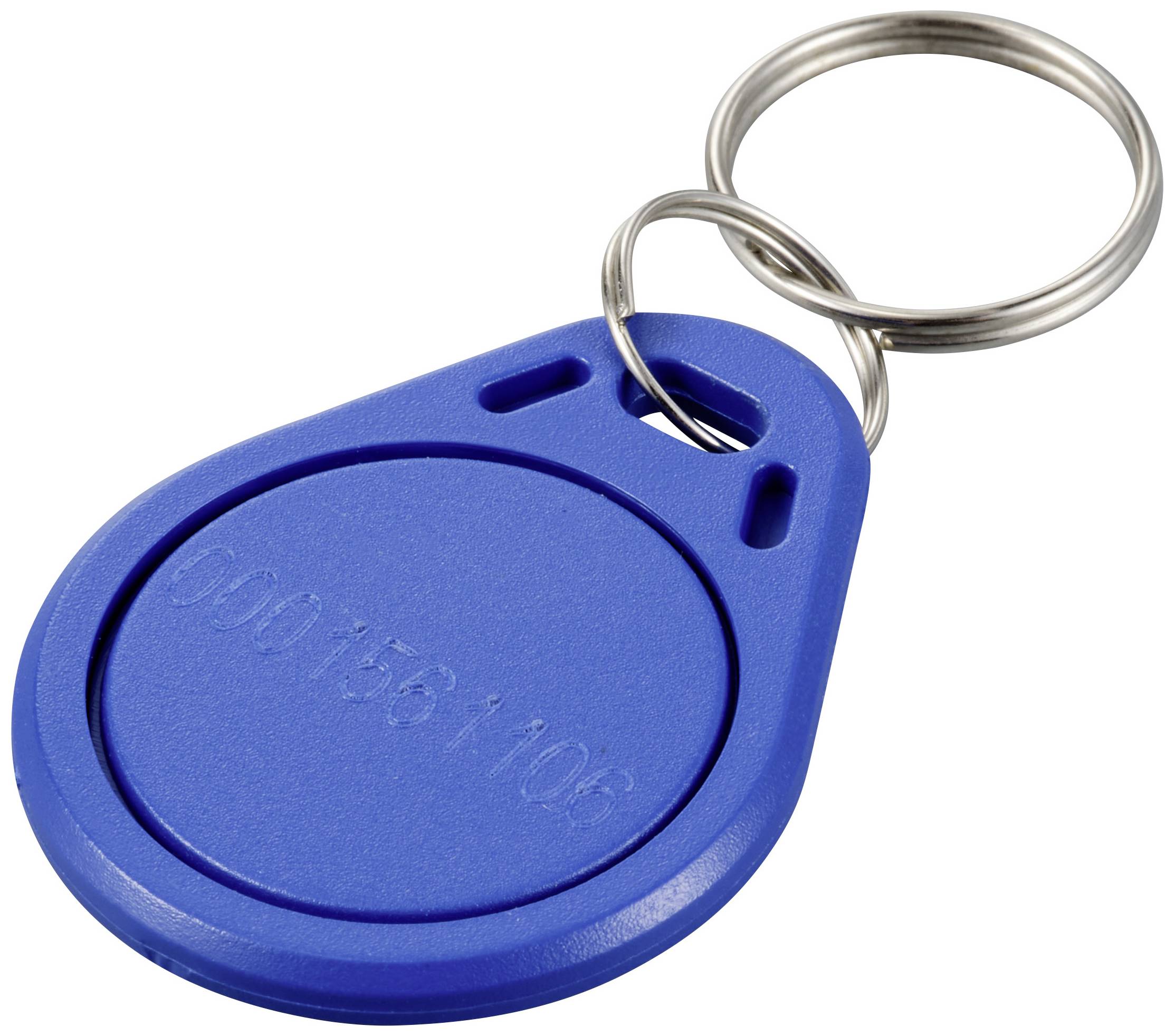 A blue round key fob with a metal key ring, often used for electronic access control.