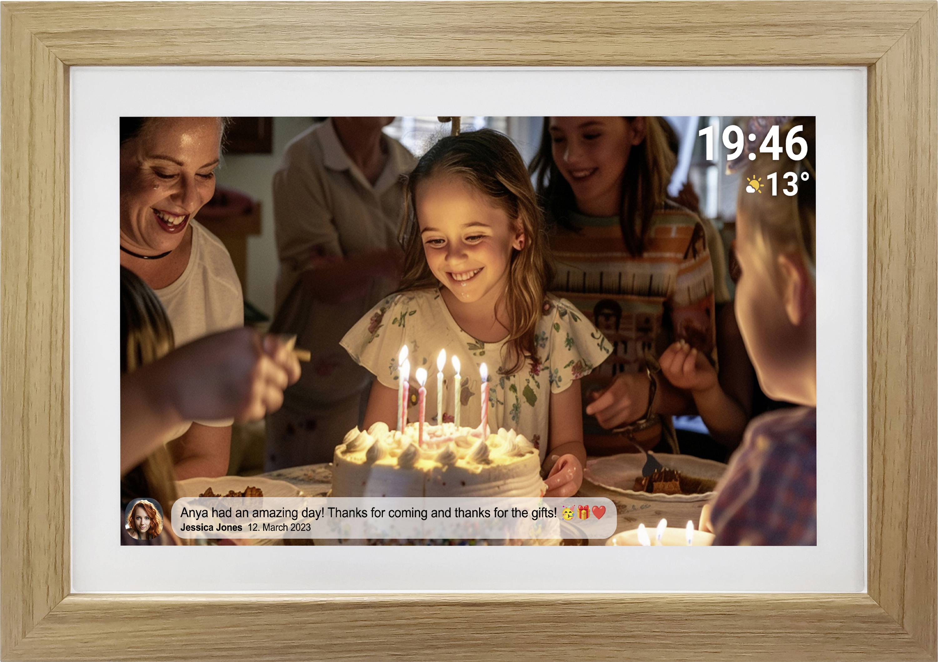 A girl smiles in front of a birthday cake with candles, surrounded by family and friends. Top right: Time and temperature.
