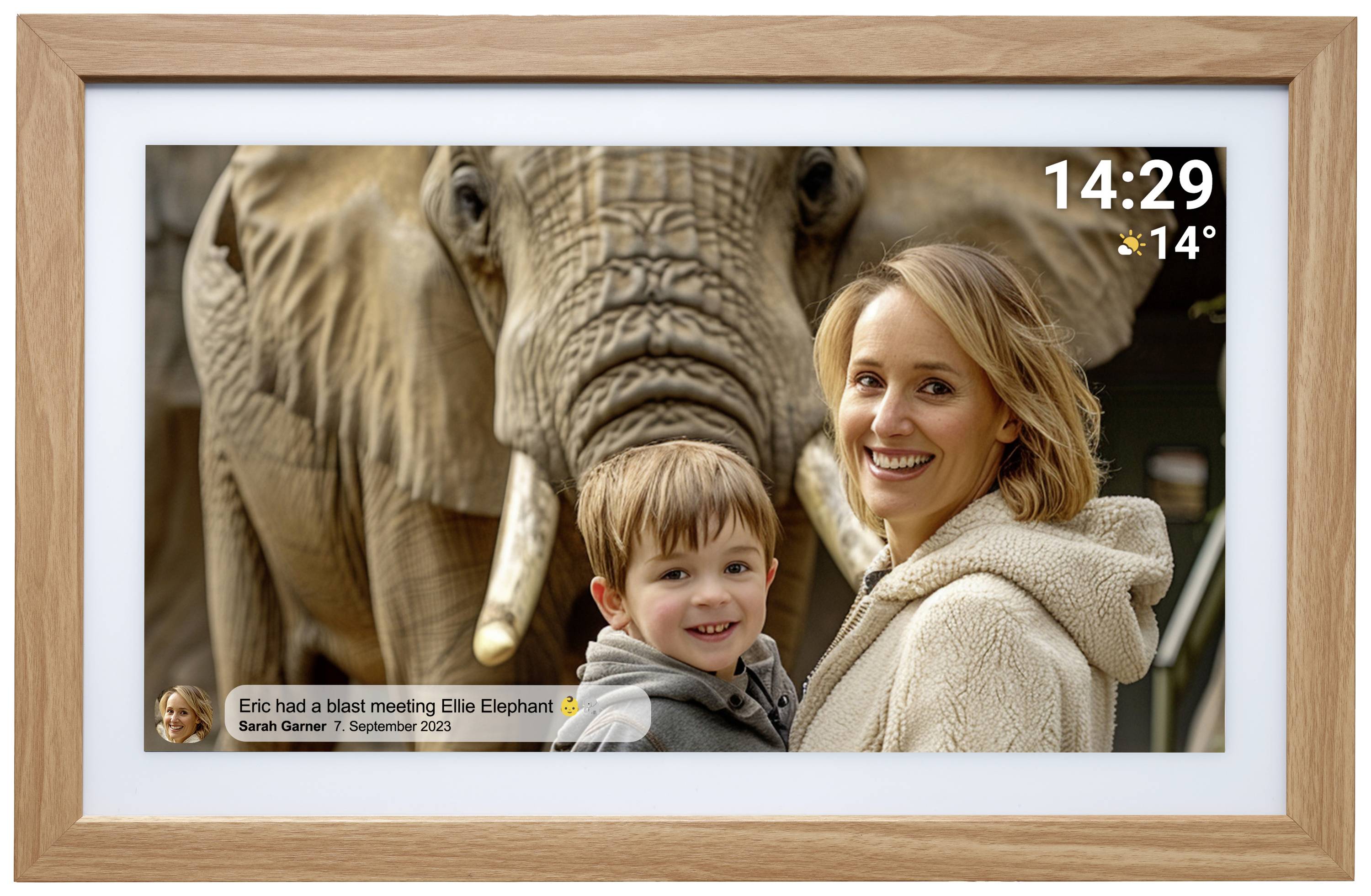 Woman and child smile with elephant in background. Time '14:29' and temperature '14°' in top right. Text 'Eric had a blast meeting Ellie Elephant'.