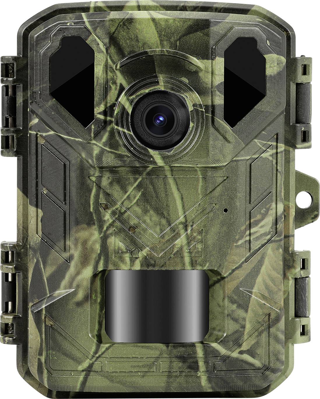 A camouflage camera with green, leaf-like patterning and a black lens for use in wildlife observation or surveillance.