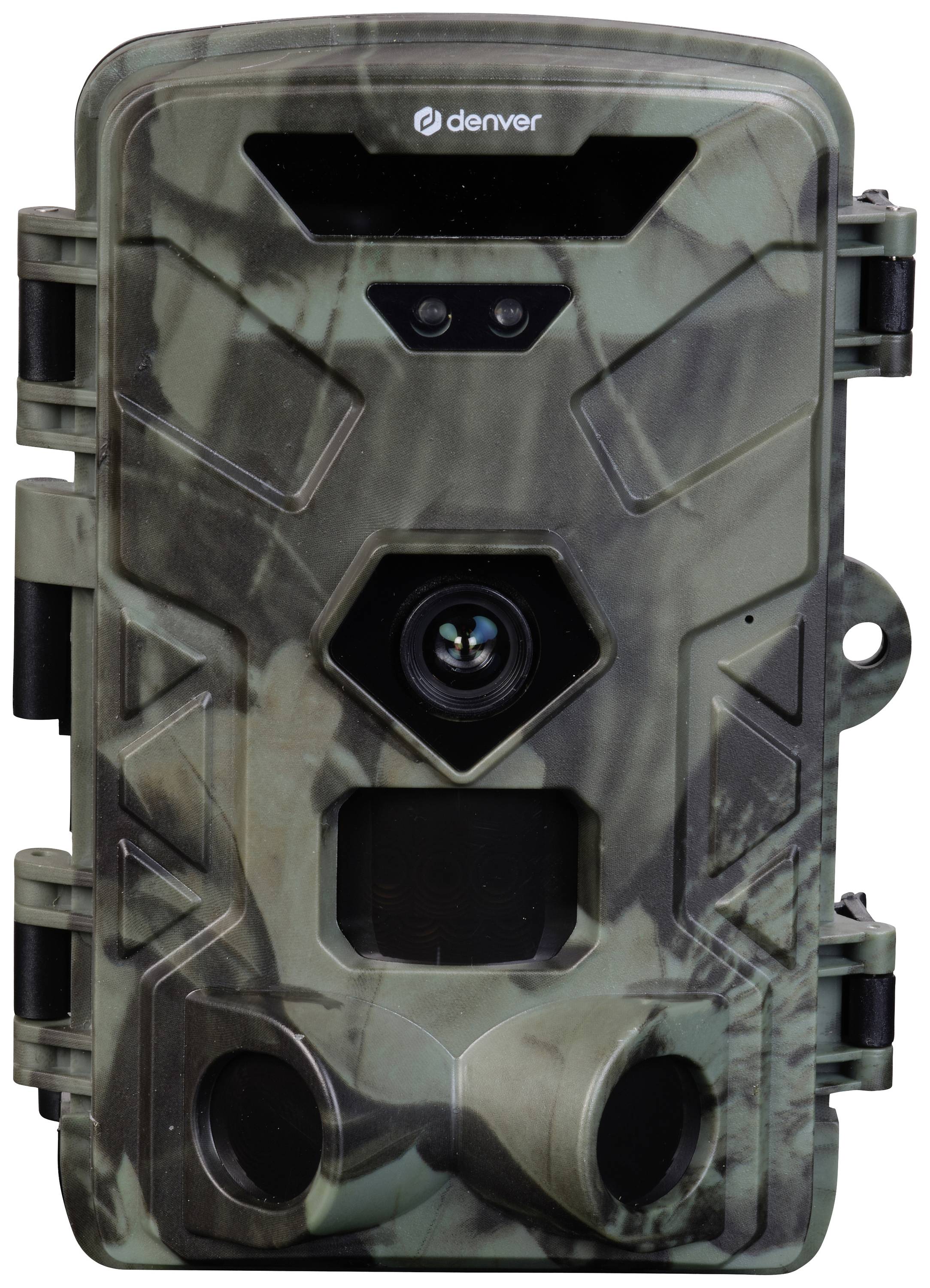 Surveillance camera with camouflage pattern, rectangular, robust casing. Main lens and sensors visible. Mounting loops on the sides.