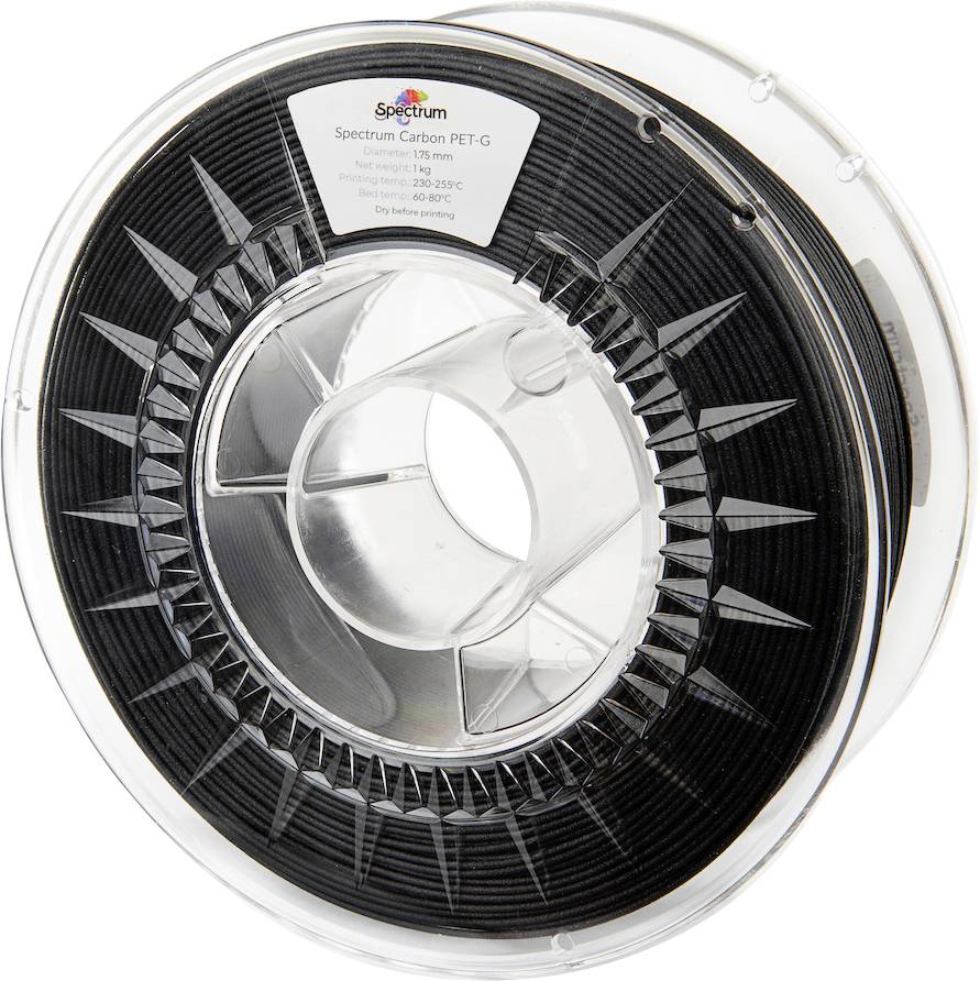 A reel of black PET-G 3D printing filament with carbon fibre, 1.75 mm diameter, on a transparent plastic spool.