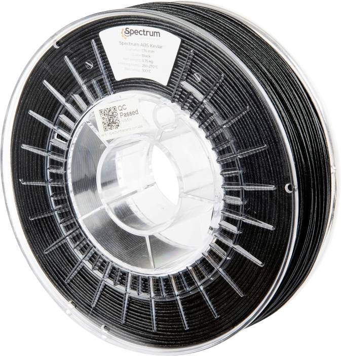 Black ABS Kevlar filament spool by Spectrum brand for 3D printers, wound on a transparent plastic spool.