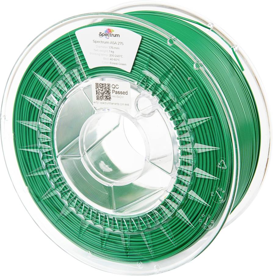 Green 3D printer filament spool by Spectrum AGA 75, label with product details and QR code visible, checked and approved.