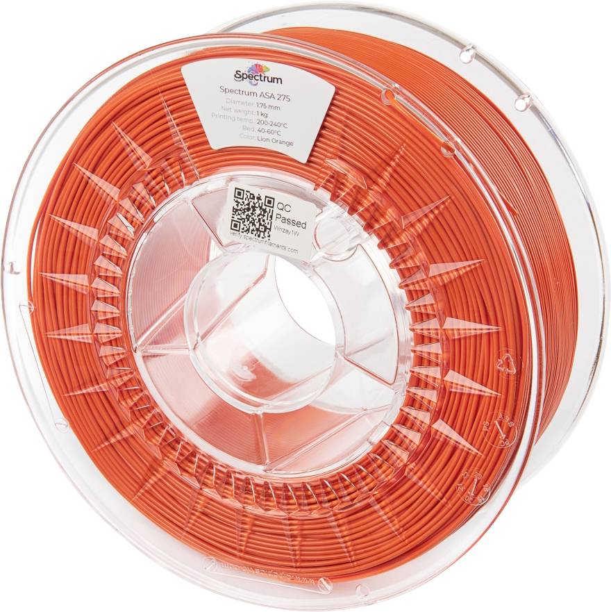 Orange plastic filament spools for 3D printers, in a transparent packaging. Label displays product details and QR code.