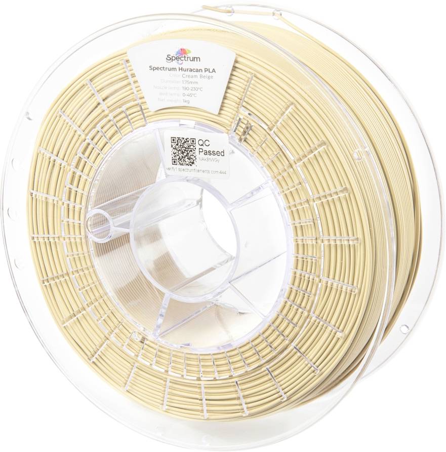 Spool of beige Spectrum PLA filament, 3D printing material. Label: Spectrum PLA, recommended 190-230 °C, 50-70 °C bed.