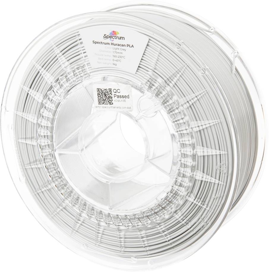 A plastic spool with grey 3D printer filament. Sticker shows specifications: 'Spectrum Huracan PLA', including temperature details.