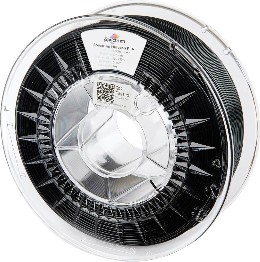 A reel of black 3D printer filament with a manufacturer's label for 