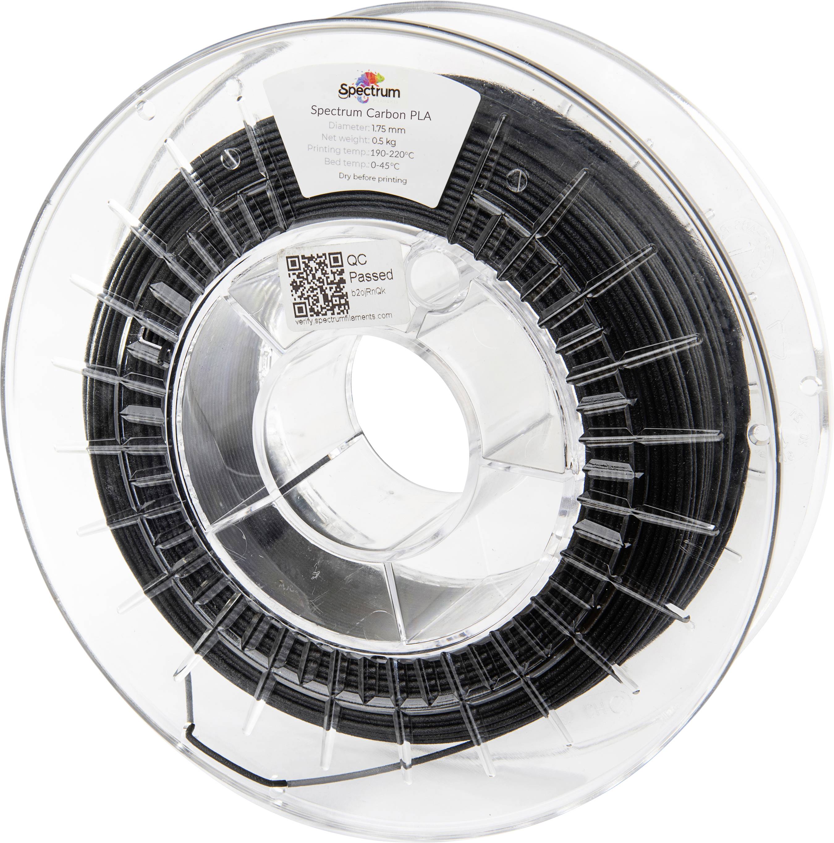 Spool of transparent plastic with black 3D printing material, product label: Spectrum Carbon PLA, printing temperature 220-240°C.
