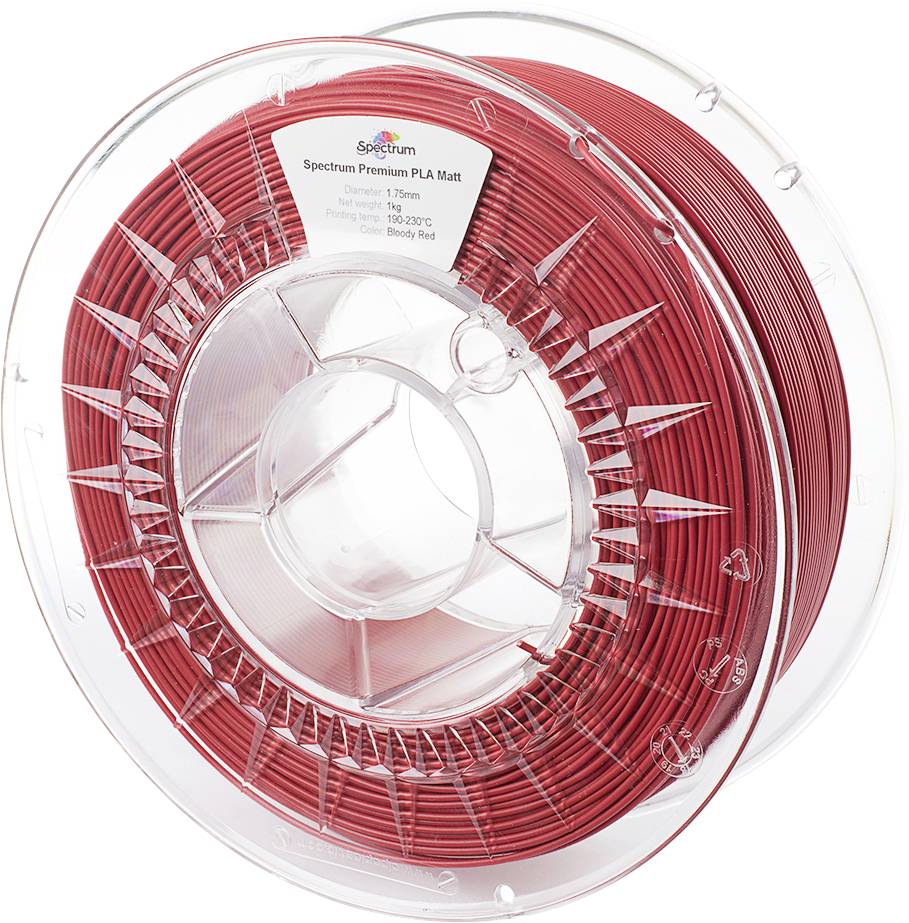 A reel of red PLA filament for 3D printers. The label shows specifications such as diameter, recommended temperature, and manufacturer.