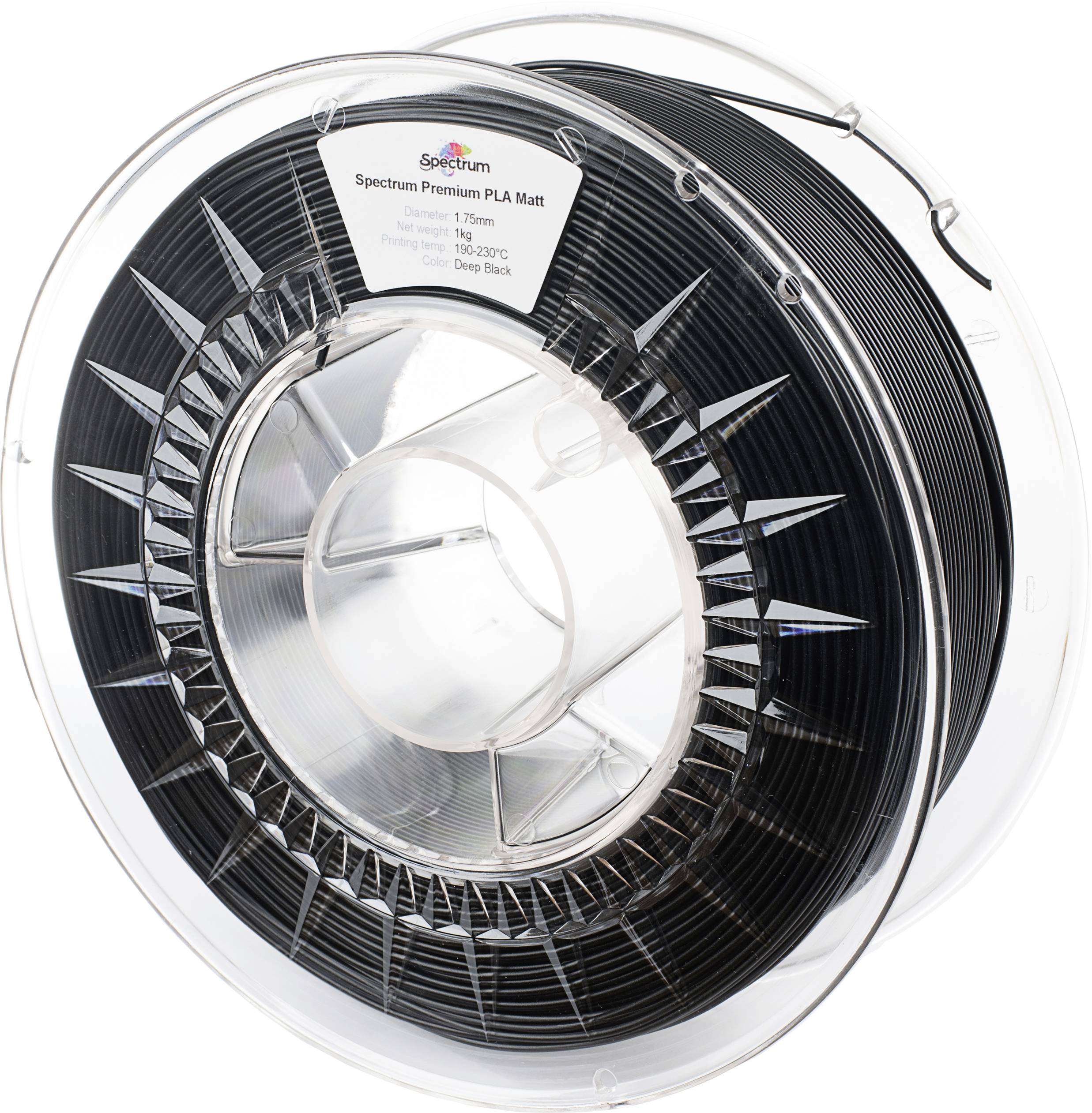 Black PLA filament reel for 3D printer, marked as 'Spectrum Premium PLA Matt', diameter 1.75mm, temperature range 185-230°C.