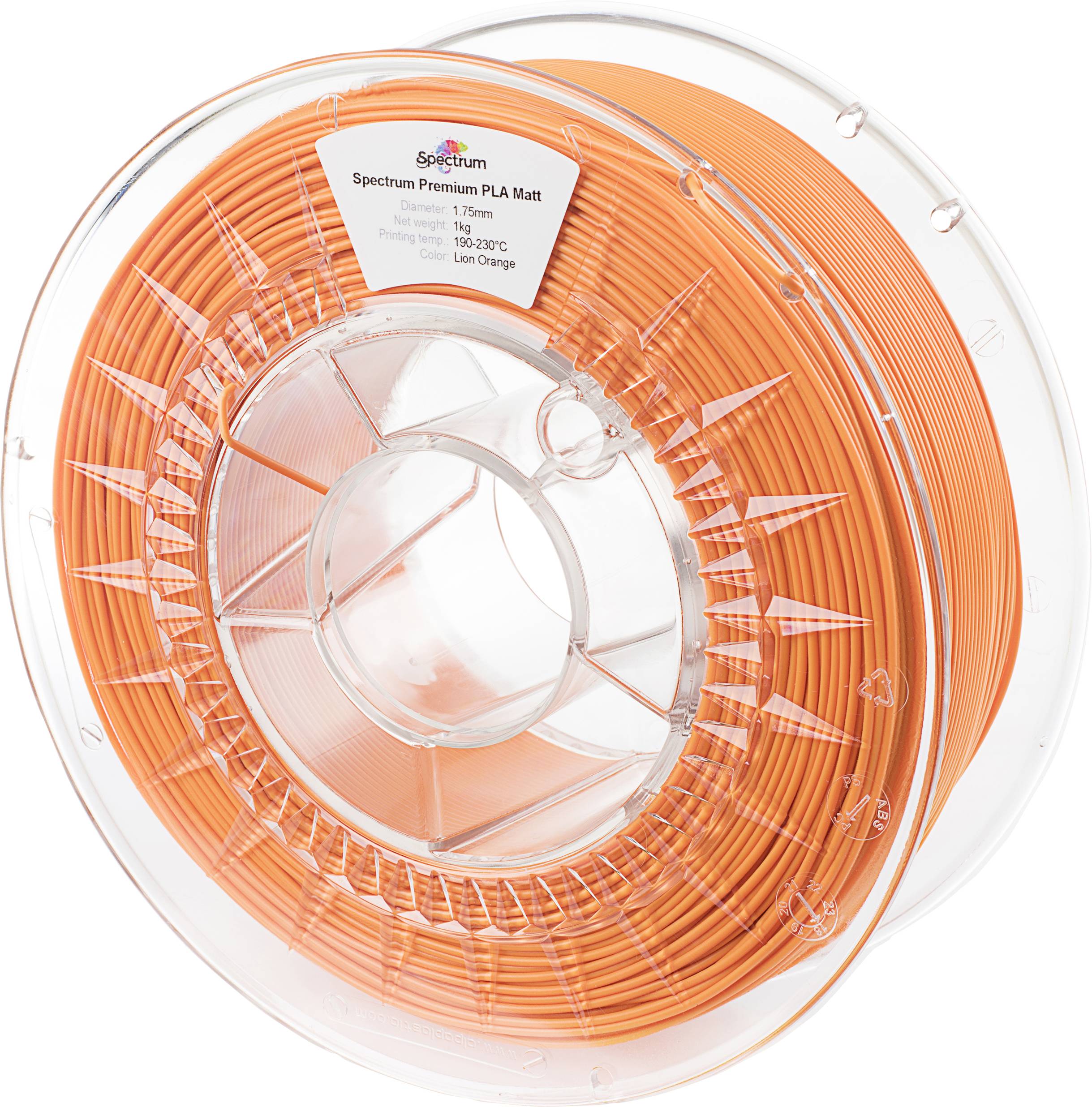 A transparent spool filled with orange 3D printer filament, with a label displaying material information.