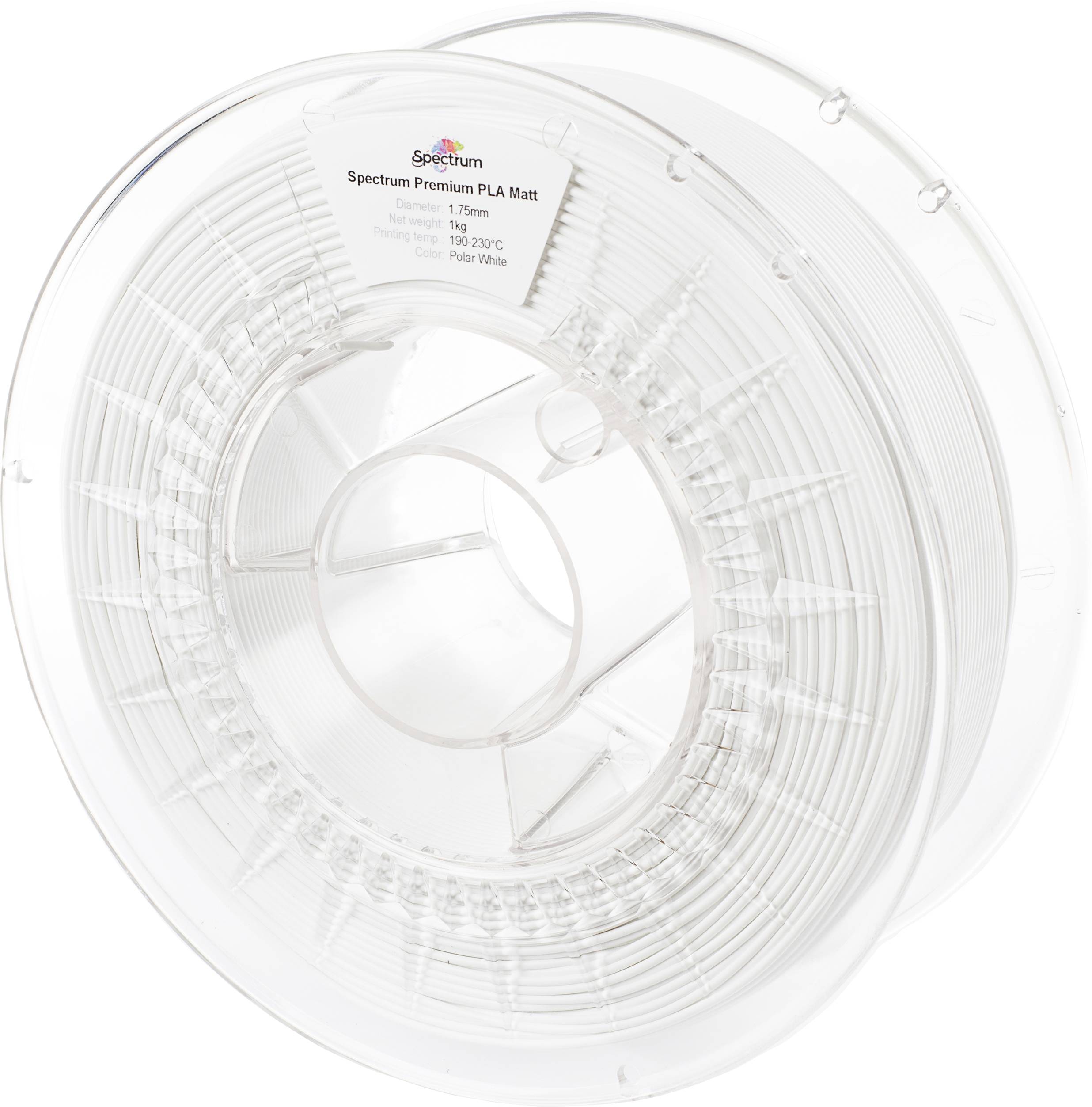 A plastic spool with white filament, suitable for 3D printers. The label displays specifications such as material type and colour.