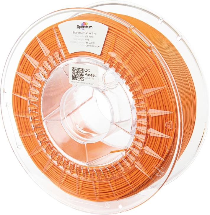 Orange plastic filament spool for 3D printer, labelled with 'Spectrum PLA Pro'. The label contains temperature recommendations: 185-230°C.