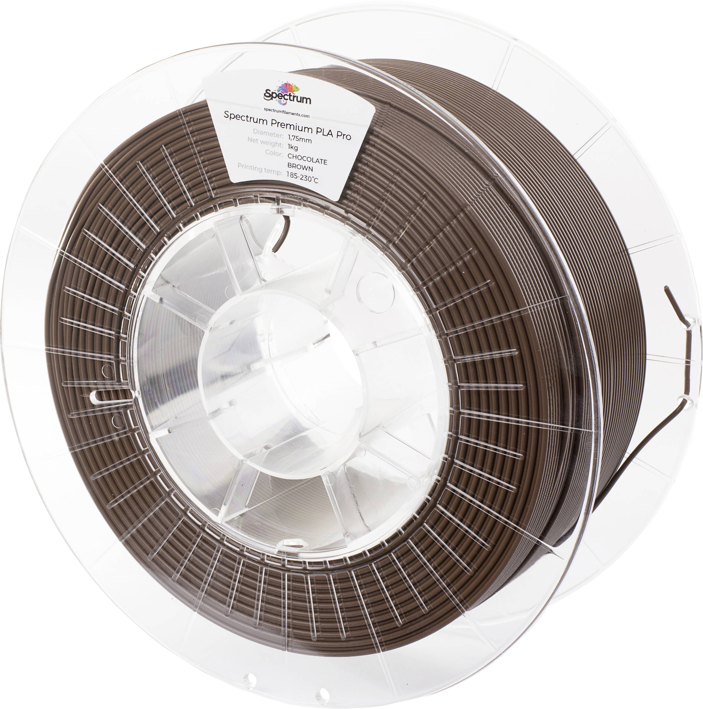 A spool of brown PLA Pro filament for 3D printers, brand Spectrum, colour Chocolate, temperature range: 185-225°C.