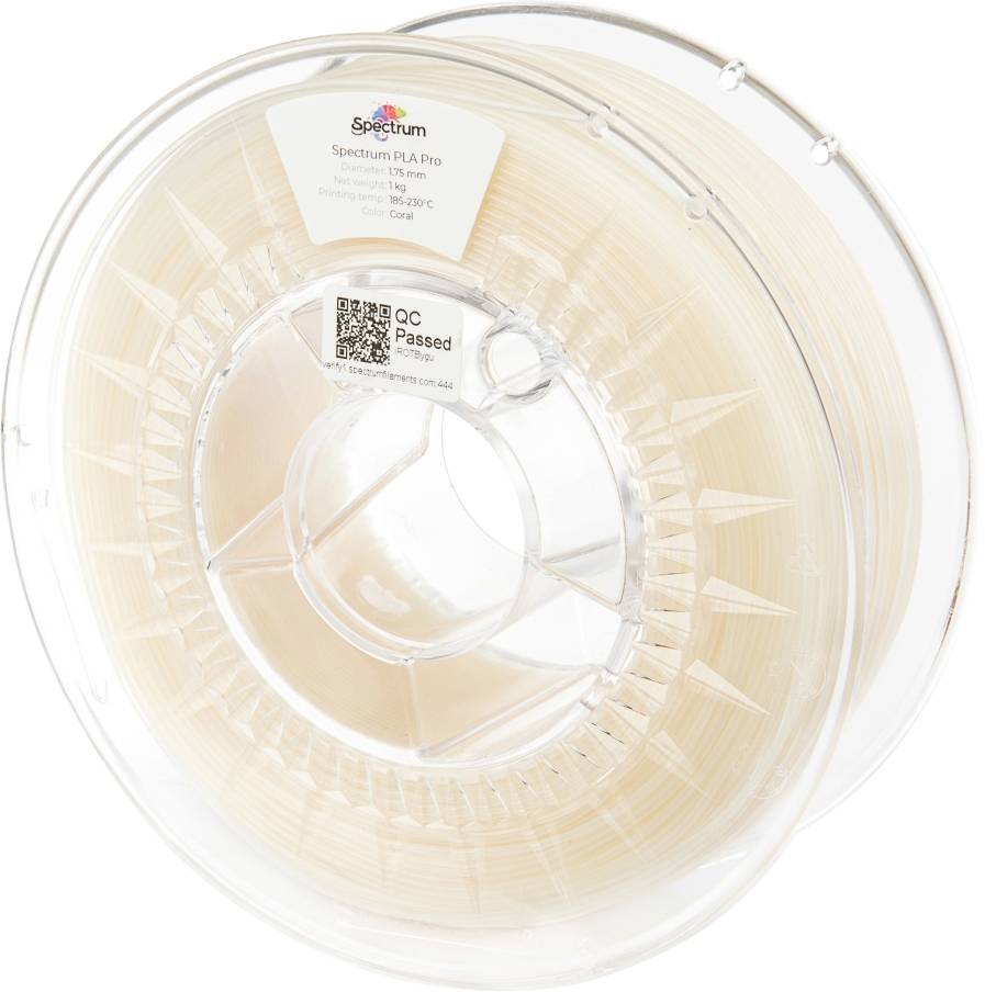 Translucent spool of 3D printer filament in a light coral shade, labelled with product specifications and QR code.