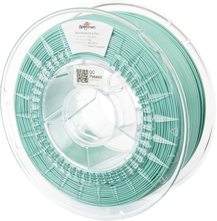 A roll of turquoise PLA filament for 3D printers, with a label displaying the text 'Spectrum PLA Pro', '1.75 mm', '1000 g', and 'Pastel Turquoise'.