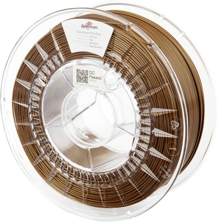 Transparent spool with brown 3D printer filament, label showing 'Spectrum PLA Pro', verified quality certificate visible.