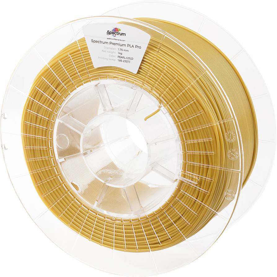 A spool of gold-coloured 3D printing material, labelled 'Spectrum Premium PLA Pro'. Suitable for use with a 3D printer.