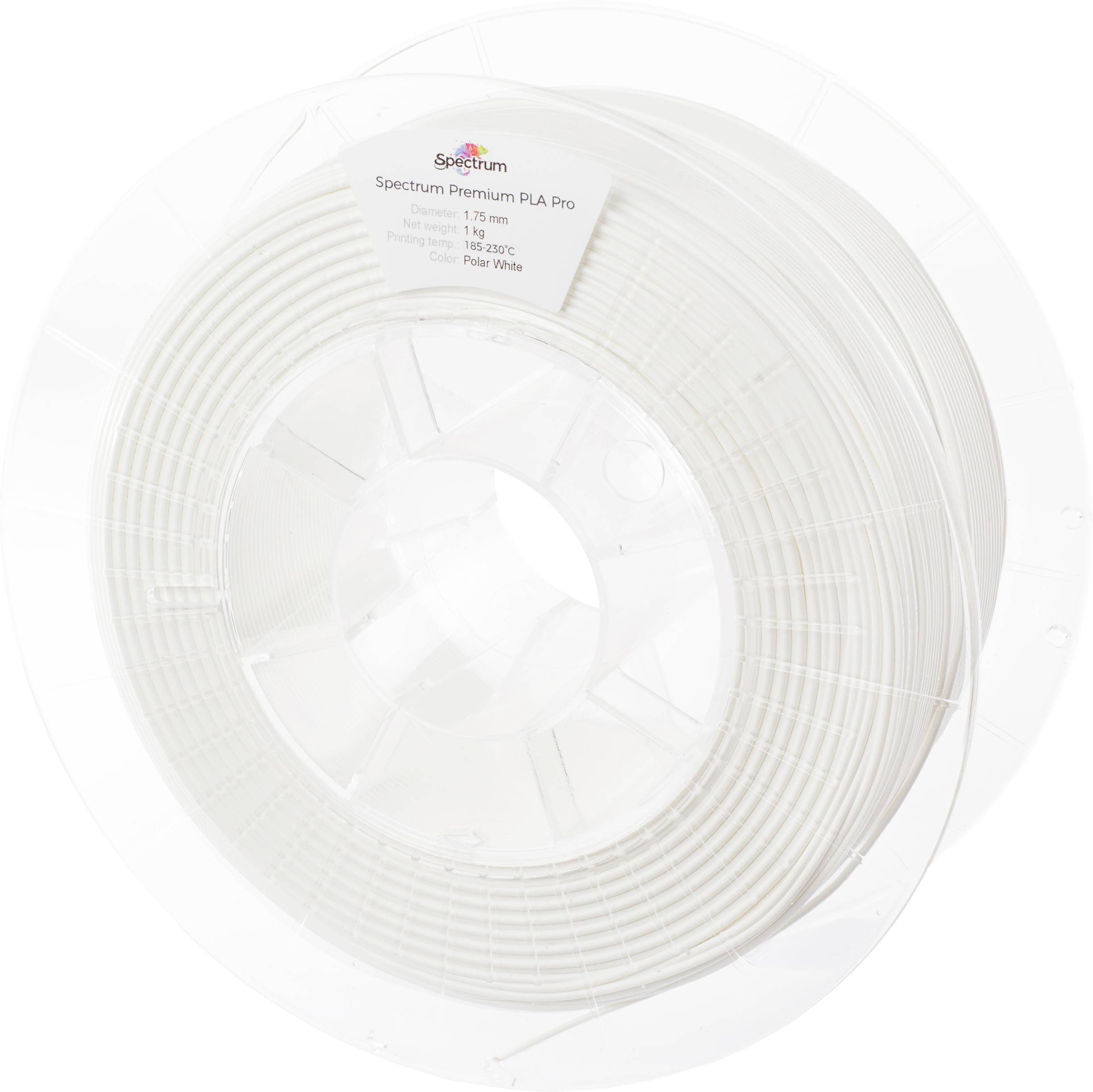 White roll of PLA filament for 3D printer. Label shows diameter, material type, and temperature range.