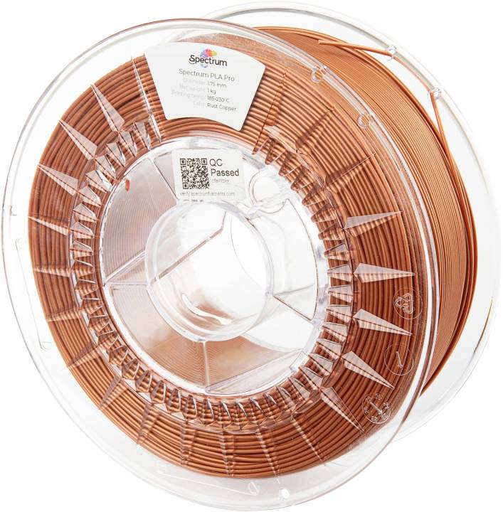 A spool of copper-coloured 3D printer filament by Spectrum, made from PLA Pro material, suitable for precise 3D printing.